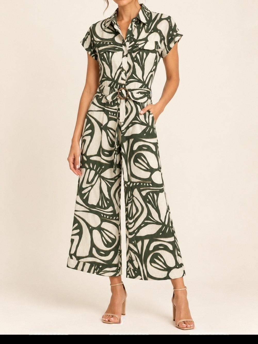 BATIA Button-Front Wide Leg Jumpsuit in Olive Green